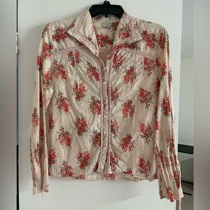 Odille Pink Button Down Blouse with Red Flowers